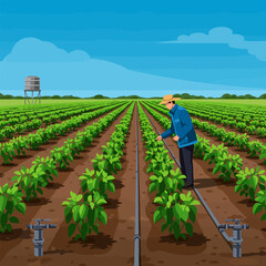 Farmer Inspecting Crops in Agricultural Field with Irrigation System