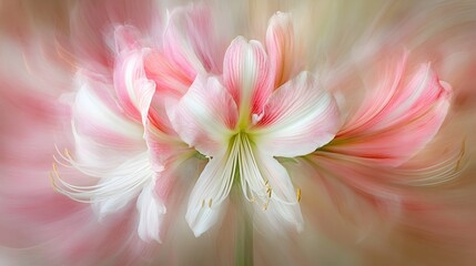 Fototapeta premium Delicate pink and white amaryllis flowers bloom in a soft focus artistic photograph showcasing their exquisite beauty and vibrant colors.
