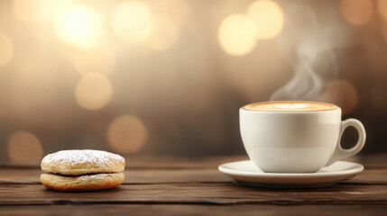Obraz premium warm cup of coffee with steam rising beside sweet pastry creates cozy atmosphere, perfect for relaxation