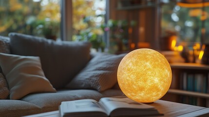 Fototapeta premium Warm, inviting living room scene with a glowing orb lamp. Cozy ambiance, featuring a soft, warm light emanating from a spherical lamp on a wooden coffee table, amongst books and a comfortable couch
