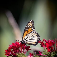 The beautiful orange monarch butterfly enjoying the nectar of red flowers in the garden. 