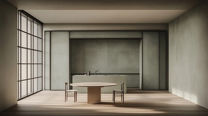 Modern minimalist kitchen with natural tones.  Sleek design, open concept,  focused on natural light.  Neutral color palette, simple lines and a minimalist aesthetic