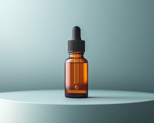 Fototapeta premium Amber glass dropper bottle on a minimalist pedestal with soft lighting backdrop