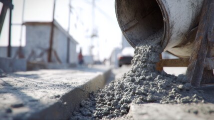 Freshly poured concrete spills from a mixer at a construction site in the early morning light