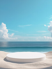 A minimalist beach scene featuring a white circular platform on the soft sand, with the vast ocean and clear blue sky in the background. 