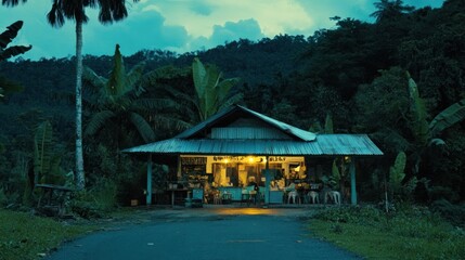 Rustic Shop at Dusk in Tropical Forest