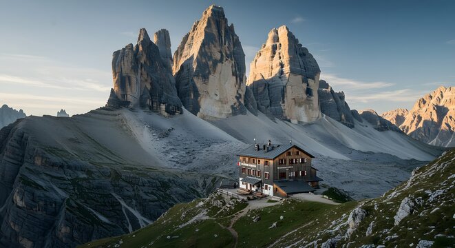 Scenic Mountain Hut with Rocky Peaks in the Background - Powered by Adobe