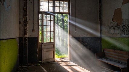 Sunlight Streaming Through Open Door in Abandoned Rustic Room with Dust Rays