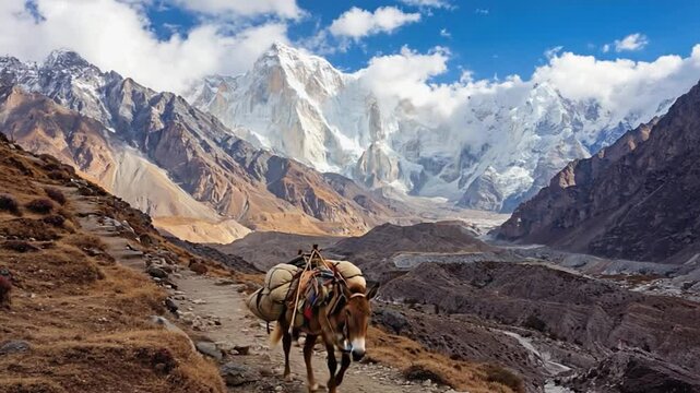 Donkey carrying supplies along a mountain path with snow capped peaks