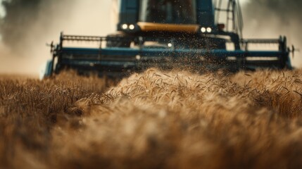 Fototapeta premium Wheat harvesting in a sunny field with a modern combine harvester and dust in the air during the golden hour