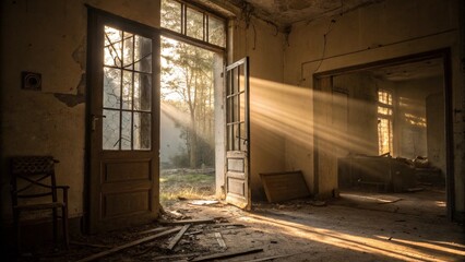 Golden Sunlight Beams Entering Through Open Door of Abandoned Room with Dusty Floor
