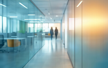 A blurred shot of a modern office hallway with glass walls. Two people are walking in the distance, and soft sunlight filters through the windows, creating a warm, professional atmosphere.