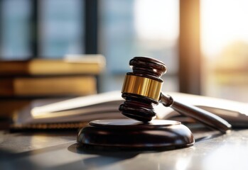 Gavel resting on wooden block beside law books during golden hour in a courtroom setting