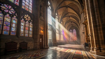 Obraz premium Colorful Sunlight Rays Streaming Through Stained Glass in Gothic Cathedral