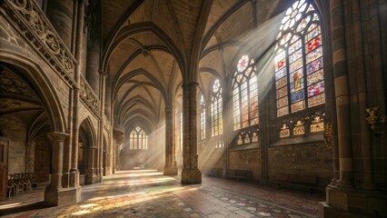 Obraz premium Sunlight Filtering Through Stained Glass Windows in Historic Gothic Cathedral