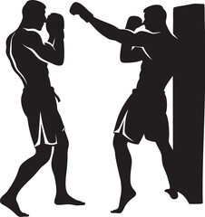 Two men boxing, one defending and one throwing a punch, depicted in a black silhouette style.