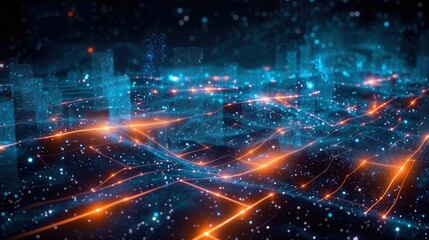 Obraz premium A mesmerizing digital cityscape with glowing lines and interconnected data streams, futuristic.
