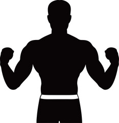 Silhouette of a muscular person flexing both arms in a strong, confident pose.
