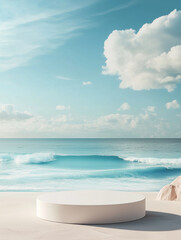 A minimalistic scene with a white circular platform placed on a ledge overlooking the serene blue ocean. The clear sky and calm water create a peaceful, expansive atmosphere.