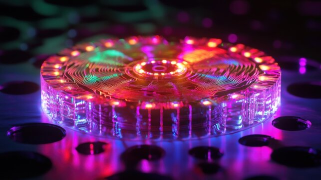 Intricate futuristic computational technology with circuit pathways and bright neon lights, creating an abstract conceptual illustration