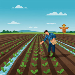 Farmer Sowing Seeds in Field with Scarecrow and Irrigation System