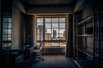 A dimly lit room with a large window showcasing a cityscape. Dark wood floors, a desk with a chair, and shelves create a calm, serene atmosphere with soft natural light in a cosy, peaceful space.
