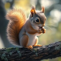 Obraz premium A curious squirrel perched on a tree branch, holding an acorn in its paws, looking forward in a sunny forest