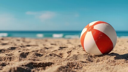 Obraz premium Beach Ball Resting on Tan Sand with Blue Sea and Sky on Sunny Day