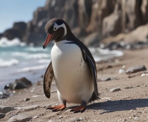 Fototapeta premium Humboldt penguin preening its feathers on a rocky beach , bird, humboldt penguin