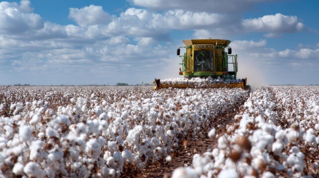 Cotton harvesting in a sunny field with fluffy white bolls under a blue sky and scattered clouds