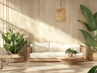 Modern, minimalist living room design with natural elements