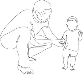 A father is training his son to walk in continuous line drawing style. Sketch of happy family in minimalist black lines isolated on white background. Vector illustration