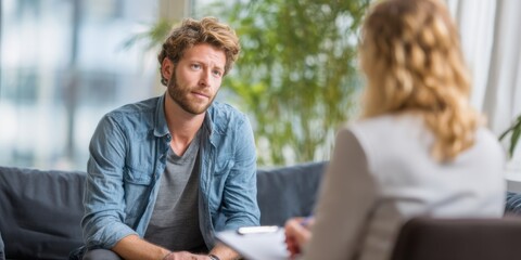 Man engages in thoughtful conversation with a therapist in a modern office setting during a sunny afternoon