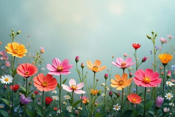 Fototapeta premium Delicate wildflowers in continuous arrangement , seamless, nature