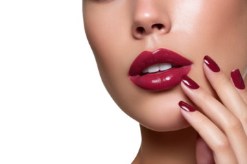 Close-up of red lips and manicured hand with glossy nail polish PNG