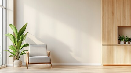 Modern, minimalist living room design with natural light and subtle shadows