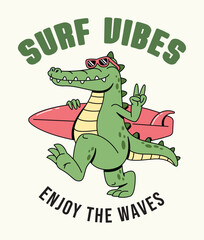 crocodile surf retro cartoon cute illustration