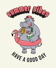 hippo flamingo float retro cartoon cute illustration