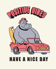 hippo driving a car retro cute illustration
