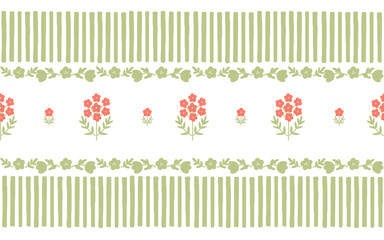 Vector illustration. Seamless border patterns with flowers and green leaves. Cute cartoon hand drawn illustration. Ideal textile printing, baby clothes, wallpaper, scrubbing.