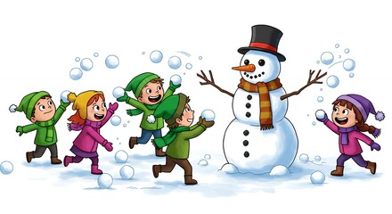 Children playing snowball fight with snowman