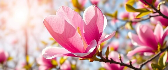 Obraz premium Close-up of a vibrant magnolia blossom in full bloom against a sunny spring backdrop, day, purple