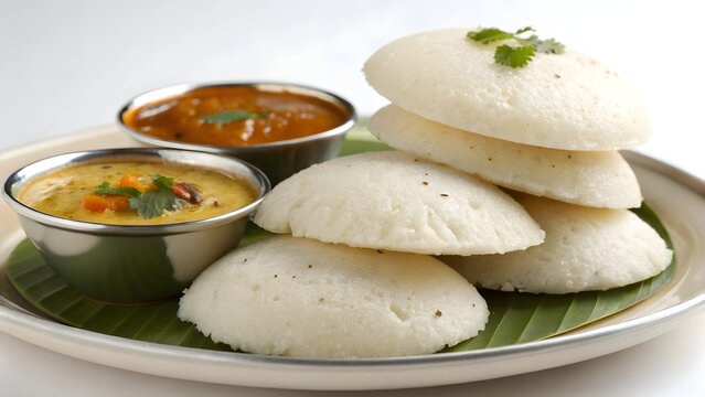 Idly with sambar, chutney South indian breakfast
