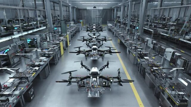 Drones in manufacturing facility demonstrating technology and production