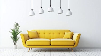 Modern minimalist living room featuring a vibrant yellow sofa and pendant lights