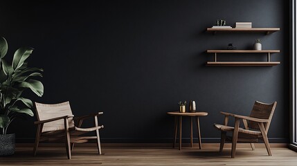 Modern minimalist living room featuring dark wooden furniture and a plant