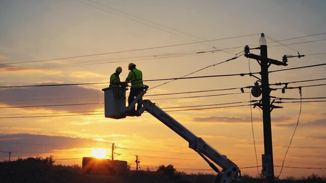 Electricians working on power lines at sunset silhouette industrial scene