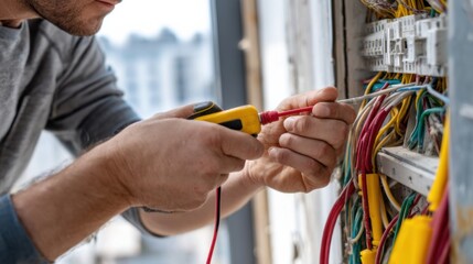 Electrician performing troubleshooting on wiring in a residential building during daytime