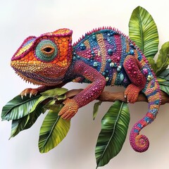 Vivid chameleon illustration perched on a branch with tropical leaves showcases vibrant colors and intricate textures against a wh
