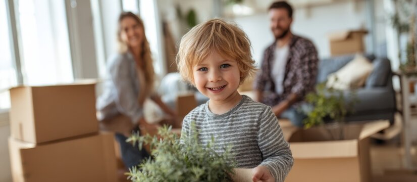 Family enjoys moving day with laughter and plants in new home during sunny afternoon